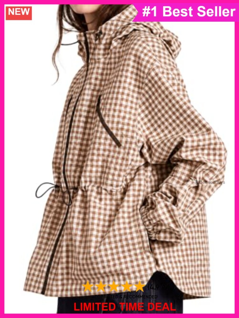 Fisoew Womens Rain Jacket Waterproof Plaid Hooded Windbreaker